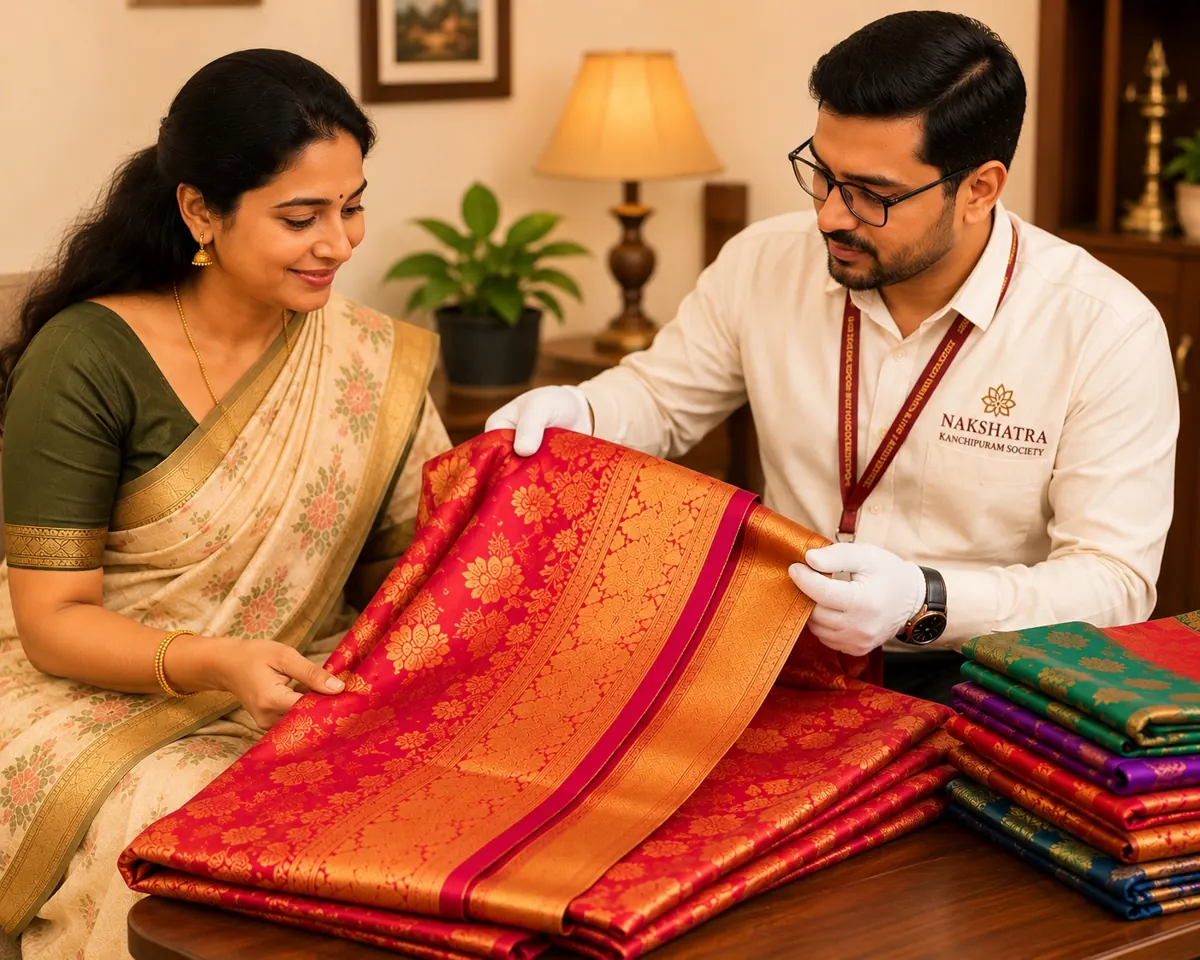 Nakshatra expert checking the zari of an old silk saree at a customer home
