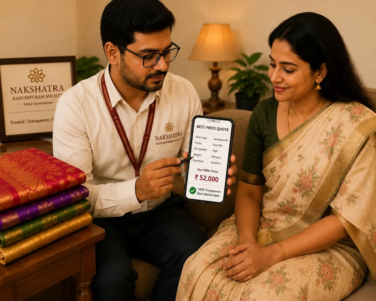 Nakshatra expert sharing an itemised quote for old silk sarees with a customer