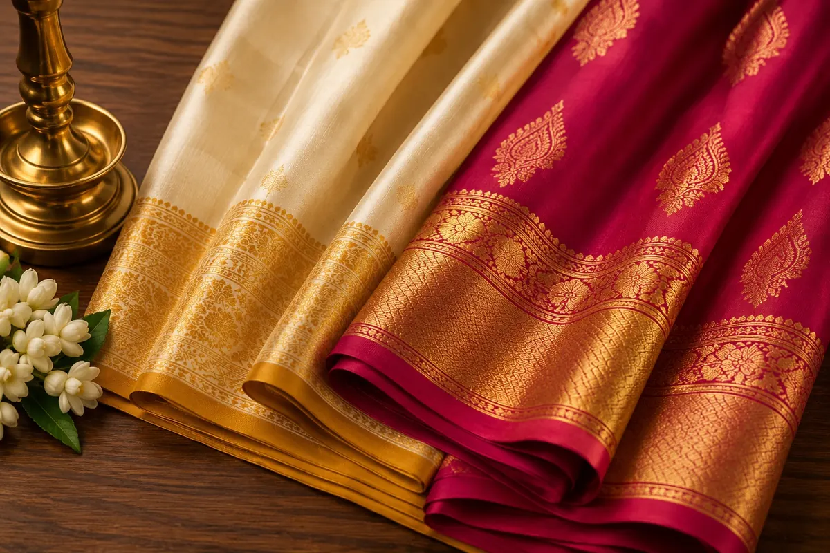 Old pattu and Mysore silk sarees with zari borders in a Bangalore home